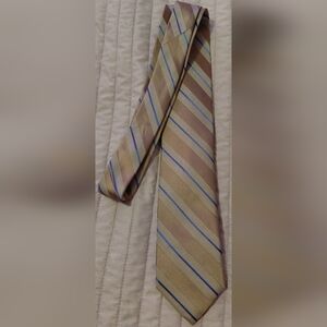 MICHAEL Michael Kors Camel Tan With Blue Stripes 100% Silk Tie